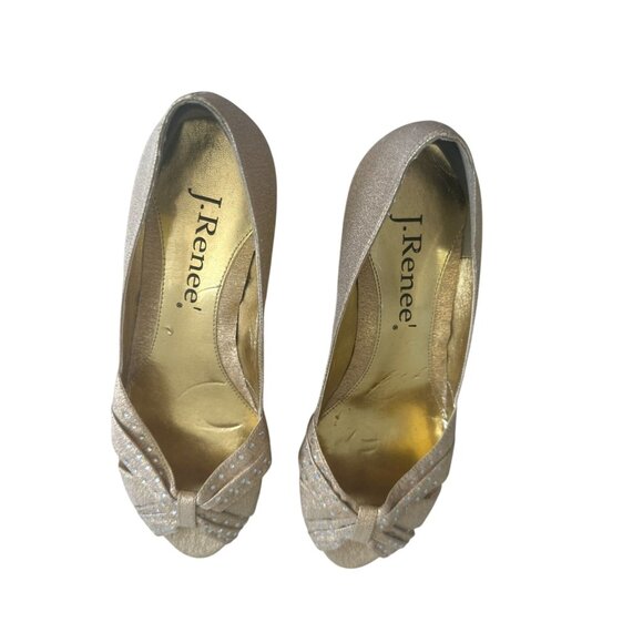 J RENEE Gold Fabric Metallic Kitten Heel Wedges Size 8 - Picture 3 of 8